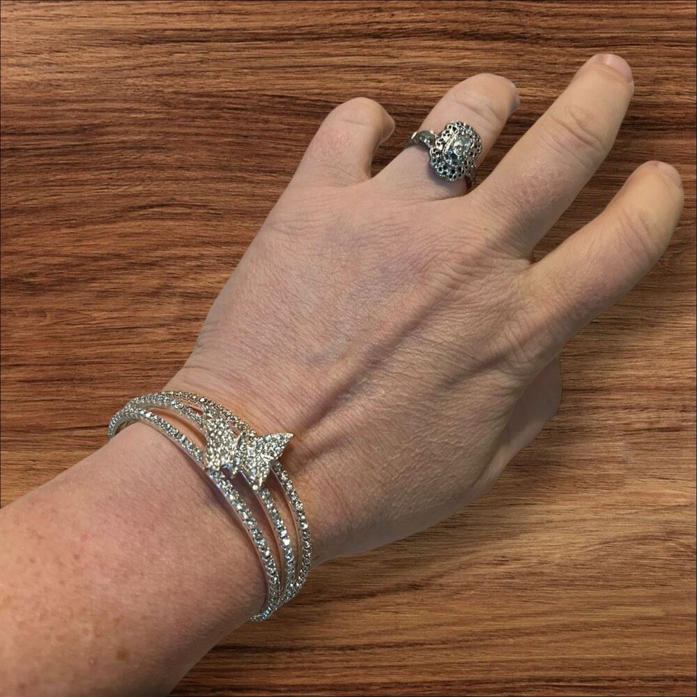 Silver Tone Rhinestone Butterfly Open Cuff Bracelet Sparkly Statement